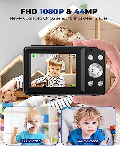 Digital Camera,Kids Camera with 32GB Card,Nsoela FHD 1080P 44MP Compact Vlogging Camera,Point and Shoot Camera 16X Digital Zoom, Portable Mini Kids Camera for Teens Students (Black)