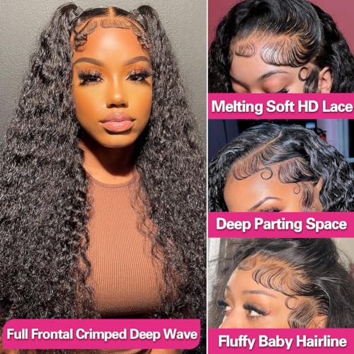 XVE Deep Wave 13x4 Lace Front Wigs Human Hair Pre Plucked 180% Density HD Transparent Lace Frontal Wig Wet And Wavy Wigs For Women Brazilian Hair Curly Glueless Wig Natural Black Color 20 Inch