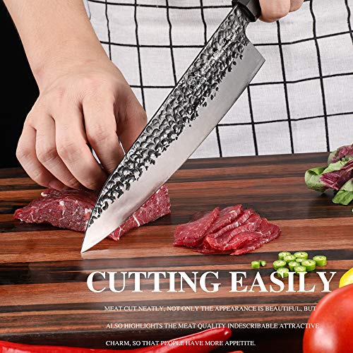 FAMCÜTE 8 inch Japanese Knife, Hand Forged High Carbon Steel 3 Layers 9CR18MOV Wood Handle Professional Kitchen Knife - Ultra Sharp and Strong Japanese Chef Knife - Perfect Gift for Men and Women.