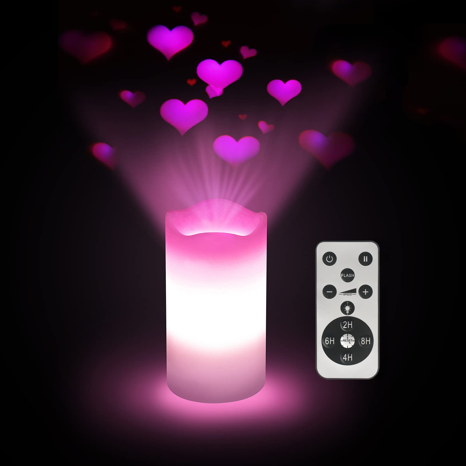 XingsLight Flameless Candles Valentine Romantic Pink Heart Projector Lights Battery Operated Night Light with Remote and Timer, LED Candle Home Decorations