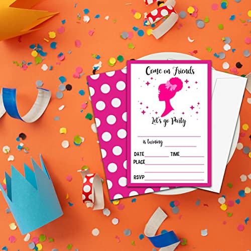 NYCTUG Pink Girl Theme Birthday Invitation(4" X 6"), Let's Go Party Pink Doll Double-Sided Invites- 20 Invitations With Envelopes-Personalized Party Supplies-A31