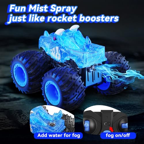 AUUGUU Remote Control Car, 2.4GHz Monster Trucks Toys with Light Spray, Brithday Gift for Kids 3 4 5 6 7 8, All Terrain RC Cars, Toddler Toys for Boys Girls 3+ Year Old