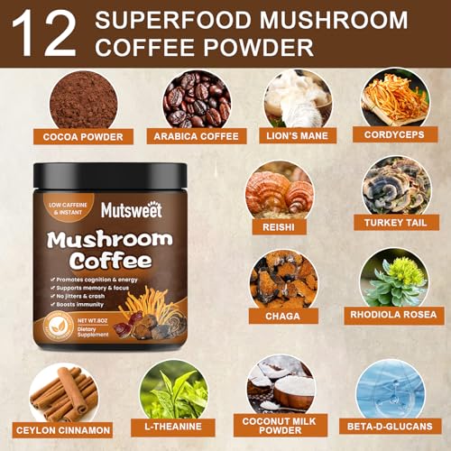 Mushroom Coffee for Smoothies/Latte, Mushroom Powder Blend (57 Servings) with Lions Mane, Reishi, Cordyceps, Turkey Tail, Chaga - Mushroom Supplement for Energy, Focus, Immune- 8 oz