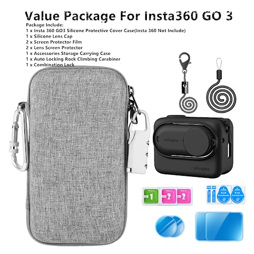 LEWOTE Accessories Kit Compatible with Insta360 GO 3 [Silicone Camera Case Cover and Lens Cap][2Pcs 3D Screen Protector Film][Carrying Case Bag with Auto Locking Carabiner and Anti-loss Lock] (Black)