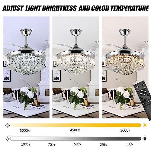Panghuhu88 36" Invisible Ceiling Fan Chandelier Light,Modern Crystal Ceiling Fan Light Remote Control 4 Retractable ABS Blades for Bedroom Living Room Dining Room Decoration (Gold)
