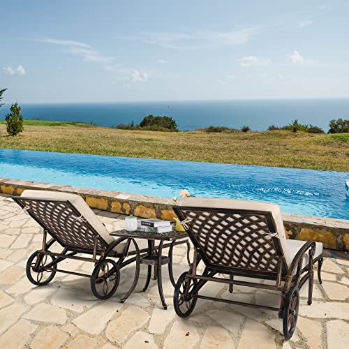 VINGLI Cast Aluminum Outdoor Chaise Lounge Chair with Wheels, Patio Chaise Lounge with 3-Position Adjustable Backrest, Outdoor Tanning Chair Patio Lounge Chaires (Bronze, with Cushion)