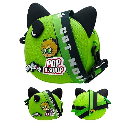 Miraculous Ladybug Pop n' Swop Green Mini Handbag with Adjustable Strap, Customizable Bag 4 Clip-on Badges, Accessory Bag, Lightweight Durable Waterproof Purse - Gift for Girls and Kids (Cat Noir)