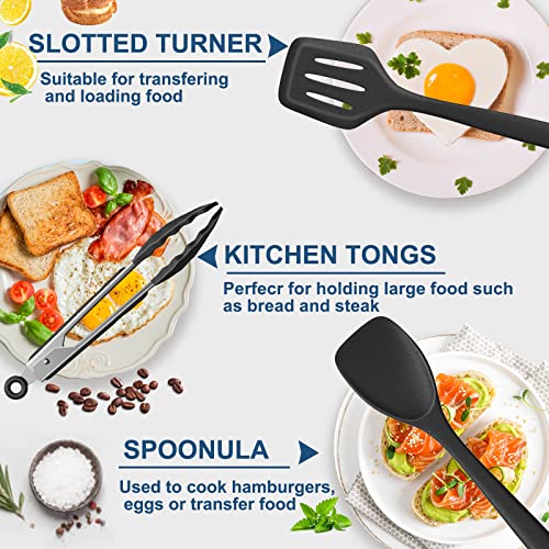 Silicone Kitchen Cooking Utensil Set, Fungun 25 Pcs Kitchen Utensils with Spatula, Spoon, Turner, Tongs, Heat Resistant Kitchen Gadgets Tools Set for Nonstick Cookware Black (Dishwasher, BPA Free)