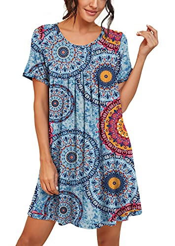 PrinStory Womens Sleepwear Short Sleeve Nightgown Soft Sleepshirt Pleated Nightshirt Scoopneck Casual Loungewear FP-Blue Star Universe-M