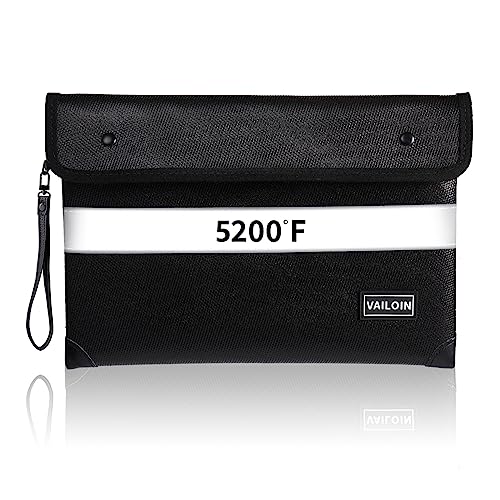 Vailoin 5200℉ Insulated Fire Proof Money Bag for Cash,Portable Waterproof Fireproof Document Bag with Reflective Strip,Fireproof Envelope for Cash,Important Documents,Valuables(11"x7.7", Black)