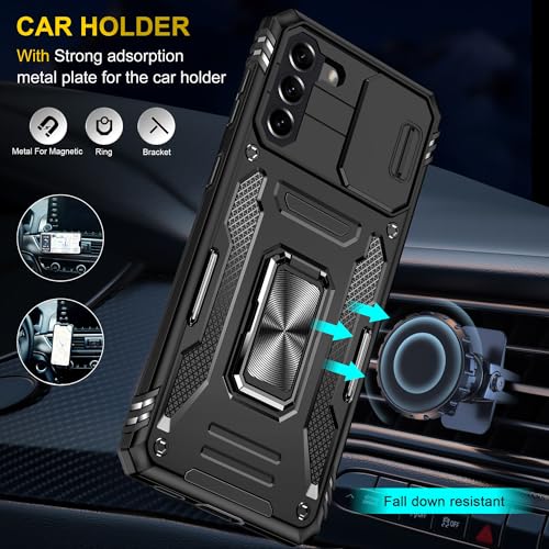 KOBBRAN for Samsung Galaxy S21 Plus Case S21+ Plus Case with Slide Camera Cover Ring Kickstand Military Grade Shockproof Case for Galaxy S21 Plus Phone Case (Black)