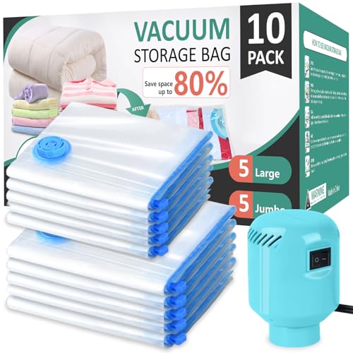 Morecoo Vacuum Seal Bags for Clothing,10 Pack Vacuum Storage Bags (5 Jumbo/5 Large) with Electric Pump,Packing Cubes Compression Space Saver for Comforters,Blankets - Travel Essentials