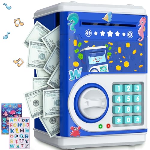 Dark Blue Piggy Bank for Kids with Password Code Lock and Auto Grab Bill Slot, PhilaeEC Real Money Cash Coin Can Saving Box Electronic Money Safe Bank, Hot Gift for 4 7 8 9 10 11 Year Old Boys Girls