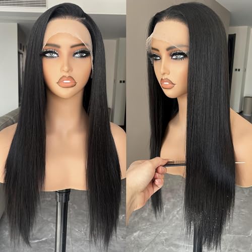 BLL Synthetic Lace Front Wig,13x4 Synthetic Lace Wig Pre-Plucked Long Straight Glueless 1B Black Wig For Black Women 26inch Ready to Wear Wigs Beginner Friendly