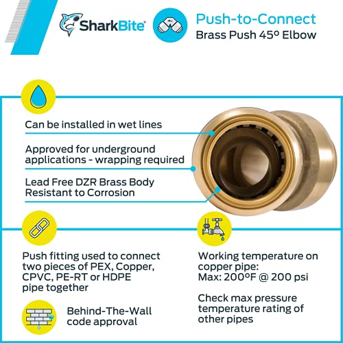 SharkBite 1 Inch 45 Degree Elbow, Push to Connect Brass Plumbing Fitting, PEX Pipe, Copper, CPVC, PE-RT, HDPE, U660LFA