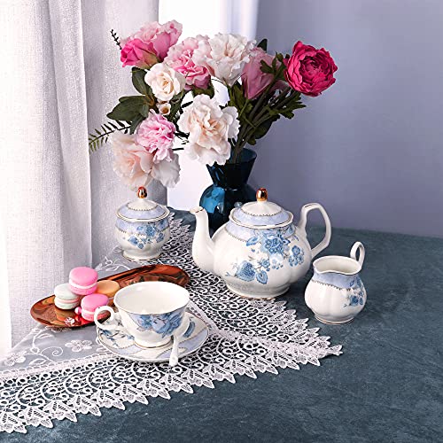 fanquare Blue Flowers Porcelain Tea Set, Tea Cup and Saucer Set Service for 6, Wedding Tea Set with Sugar Bowl Cream Pitcher, Floral Coffee Set for Tea Party