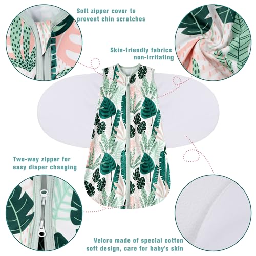 BSTOPPT Newborn Sleep Sack Baby Swaddle,0-3 Months,3-Way Adjustable Wearable Blanket,100% Rayon Cotton Swaddling sleeping bag，TOG 0.5（Banana&Leaf）