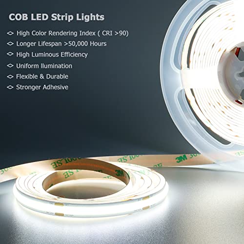 KXZM 24V COB LED Strip Light Cool White 6000K 2400LEDs 16.4ft(5M) CRI 93+ 4500lm Uniform Glow Dotless Flexible IP20 Not Waterproof LED Tape Lights for DIY Bedroom Kitchen Home Decor(No Power Supply)