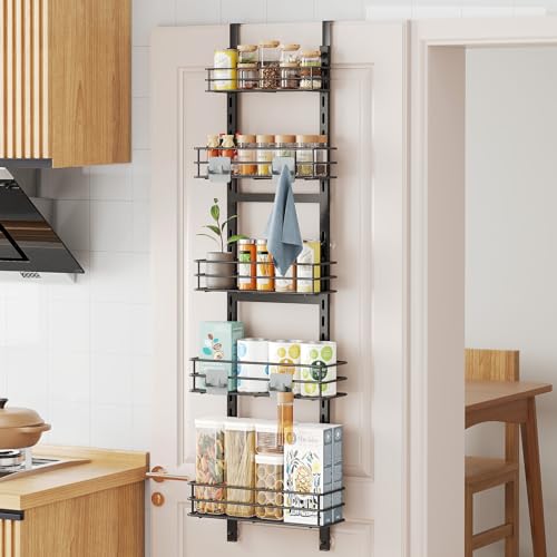 ODesign Height-Adjustable Baskets 5-Tier Over the Door Pantry Organizer,Narrow Pantry Door Organizers and Storage-Spice Rack Wall Mount-Door Organizer Metal Hanging,Home & Kitchen Essentials-Black