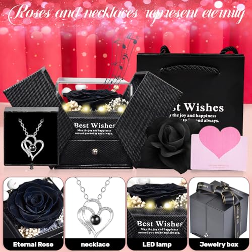 Pasuvsigt Preserved Real Rose with I Love You Heart Necklace100 Languages with Music&Lights Romantic for Mom Girlfriend Women Wife Valentine's Day Mother's Day Birthday Anniversary (Black)