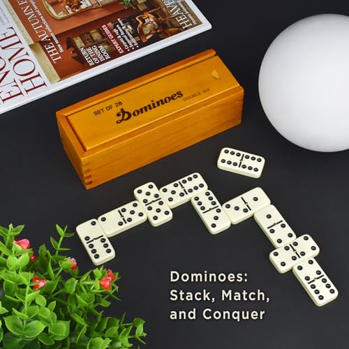 Queensell Dominos Set for Adults – Dominoes - Classic Board Games, Double 6 Dominoes Family Games for Kids and Adults - Double Six Standard Dominos Set 28 Tiles with Wood Case, Juegos de Mesa