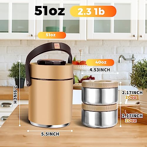 Pawovdeq 51 oz Adults Stainless Steel Vacuum Insulated Wide Mouth Soup Food Thermos Hot Food Jar with Keep Thermal Portable 2 Tier Stackable Bento Hot Food Containers Lunch Boxes (51 oz Gold)