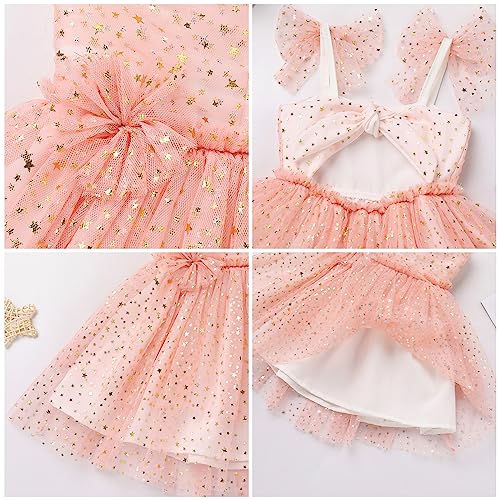 Toddler Baby Girl First Birthday Dress Shiny Sequins Cake Smash Outfits Kids Sparkle Tea Party Halloween Thanksgiving Costume Baby Infant Baptism Christening Christmas Outfits Peach Star 6-12 Months