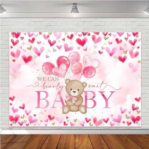 Avezano Bear Baby Shower Backdrop for Girl Pink Hearts Balloons Bear Theme Baby Shower Photo Background We Can Bearly Wait Baby Shower Party Decorations (7x5ft)