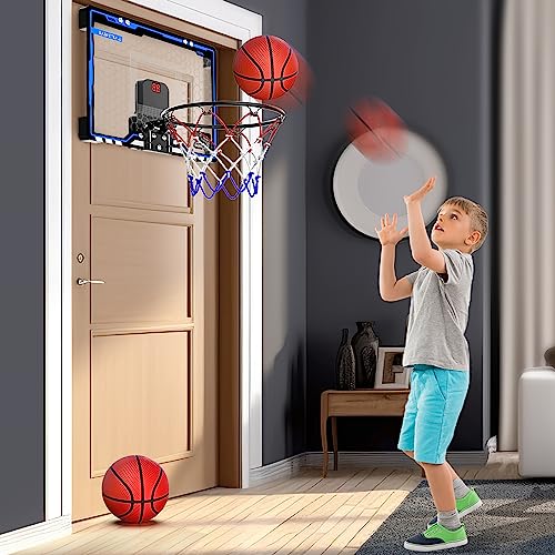 HopeRock Indoor Mini Basketball Hoop for Kids, Basketball Hoops Over The Door with LED Lighting, Mini Hoop with Scoreboard & 3 Balls, Basketball Toys Gifts for 5 6 7 8 9 10 11 12 Year Old Boys Girls