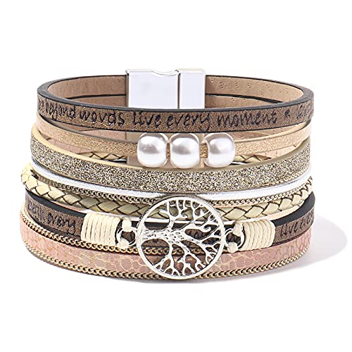 FANCY SHINY Tree of Life Leather Wrap Bracelet Inspirational Cuff Bangles Boho Pearl Bracelets with Clasp Unique Jewelry Gifts for Women(Beige)