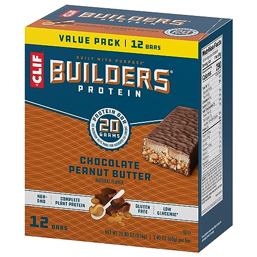 CLIF Builders - Chocolate Peanut Butter Flavor - Plant Based Protein Bars - Gluten Free - Non-GMO - Low Glycemic - 20g Protein - 2.4 oz. (12 Pack)