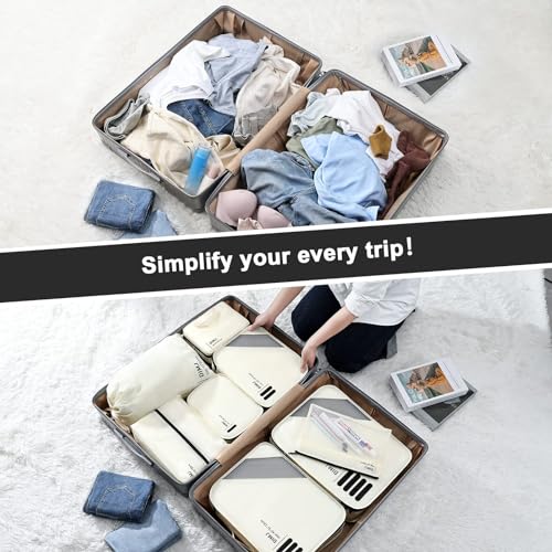 DIMJ Packing Cubes for Suitcases - Travel Cubes for Packing, Lightweight Luggage Packing Cubes, Suitcase Organizer with Laundry Bag, Shoes Bag, Toiletry Bag (Beige)