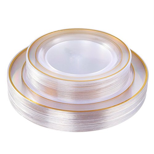 I00000 60 Pcs Clear Gold Plastic Plates, Gold Disposable Plates Includes: 30 Dinner Plates 10.25" and 30 Dessert Plates 7.5 ", Premium Clear Plates Prefect for Wedding and Gold Plates Party/Birthday