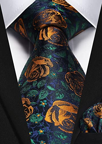 HISDERN Mens Green Floral Ties Woven Classic Necktie Set Formal Tie Pocket Suqare for Wedding Business with Handkerchief