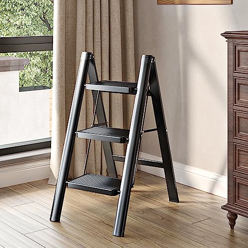 JOISCOPE 3 Step Ladder,Lightweight Folding Step Stool with Anti-Slip Pedal,600 lbs Portable Sturdy Steel Ladder for Adults,Multi Purpose Folding Ladder for Home Kitchen Office,Space Saving,Black