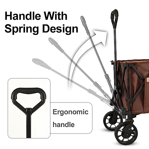 Whitsunday Folding Collapsible Wagon,Camping Large Capacity Heavy Duty Wagon Outdoor Park Beach Wagon Cart with Table Top,Utility Grocery Wagon for Camping Sports Outdoor Shopping Brown