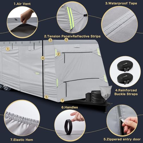 GOTRUTH Upgraded Travel Trailer Cover, Extra-Thick 800D Top Waterproof RV Cover Fits 26'1''- 28'6'', Windproof Camper Cover with Tongue Jack Cover, Tire Covers, Gutter Covers, Zippered Doors