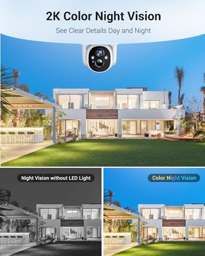 Solar Security Camera Wireless Outdoor, 2K WiFi Cameras for Home Security, 360° PTZ Surveillance Camera with PIR, Color Night Vision, 2-Way Talk, IP66 Waterproof, SD/Cloud, Work with Alexa (2 Pack)