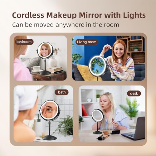 Omobolanle 7" Lighted Makeup Mirror, 10X Magnifying Mirror with Light 360° Rotation Double Sided Mirror with 3 Color Lights Brightness & Height Adjustable Rechargeable LED Light Up Mirror Black