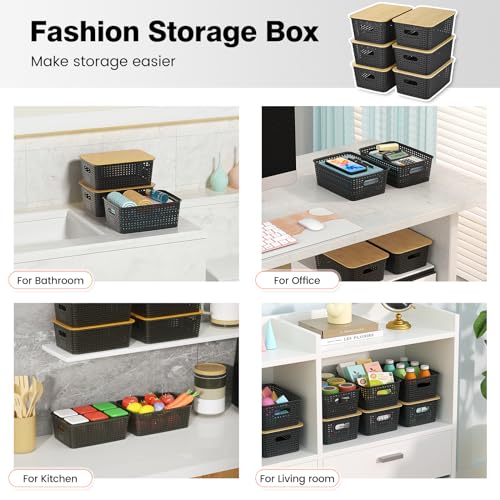 Plastic Storage Baskets With Bamboo Lid - Plastic Storage Containers Stackable Storage bins: Storage Baskets for Organizing Shelves Drawers Desktop Closet Playroom Classroom Office, 6 Pack