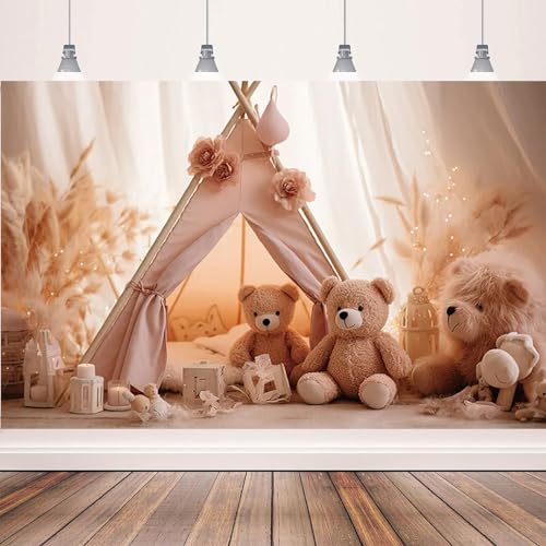 Vinyl Boho Birthday Party Photography Backdrop Camping Tent Toy Bear Kids Birthday Party Decoration Pampas Grass Baby 1st Birthday Background Baby Shower Wedding Baptism Background,5X3FT
