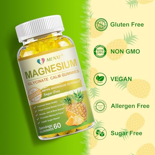 Magnesium Glycinate Gummies 400mg, Sugar Free Magnesium Taurate, Magnesium Malate Supplement with Vitamin D, B6, CoQ10 for Relaxation, Stress Relief, Muscle, Bone & Sleep Support- 60 Pineapple Gummies