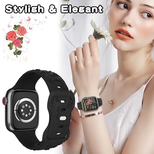 Embossed Flower Band Compatible with Apple Watch Band 40mm 44mm 41mm 38mm 45mm 42mm 49mm Women,Cute Rose Engraved Strap Soft Silicone Wristbands for iWatch Series 9 8 7 6 SE 5 4 3 2 1 Ultra