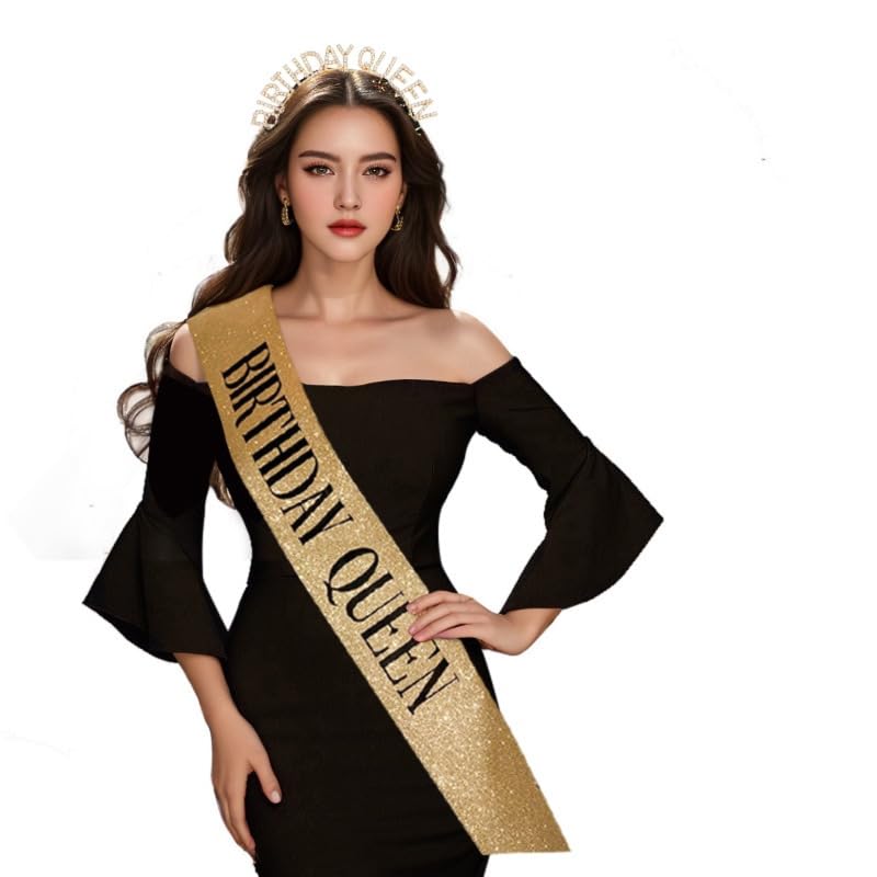 Kamirola Queen Sash & Rhinestone Tiara Set Green for Women Birthday Decoration Kit Rhinestone Headband for Girl Glitter Crystal Hair Accessories for Party (Gold)