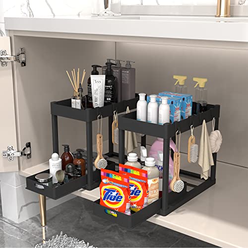 POUGNY 2PC Under Sink Organizer Rack 2 Tier Under Sliding Cabinet Basket Organizer Drawer with 4 Hooks, Multi-purpose Under Sink Storage for Bathroom Kitchen Desktop（Black）