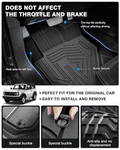 Powerty Floor Mats for 2021-2023 2024 Ford Bronco 4-Door Accessories All Weather Floor Liner 3D TPE 1st & 2nd Row Floor Mat Heavy-Duty Floor Liners