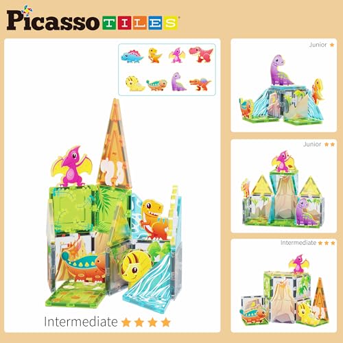 PicassoTiles Magnet Tile Building Blocks Dinosaur World Themed Playset with 8 Animal Character Action Figures Magnetic Tiles STEM Learning Pretend Play Toy Construction Set Boys Girls Ages 3+ PTQ23