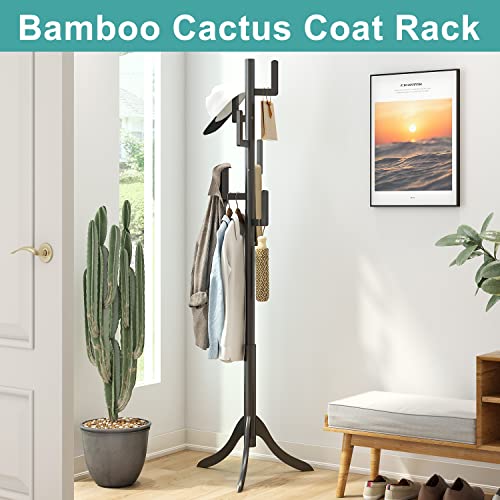 Vriccc Black Coat Rack Freestanding, Bamboo Cactus Coat Tree, Adjustable Height Wooden Coat Stand with 6 Hooks, kids coat rack, Used In The Bedroom Living Room, Office To Hang Clothes, Hats, Bags