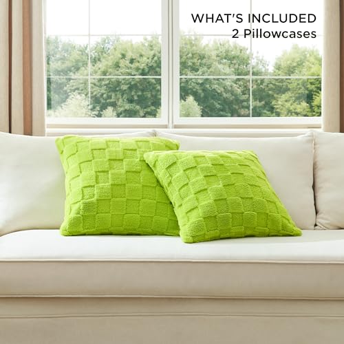 Bedsure Throw Pillow Covers 18x18 Inch - Pack of 2 Sage Green Luxury Soft Cozy Fluffy Fuzzy, Checkered Pillow Cover, Home Decor for Sofa Couch Bed