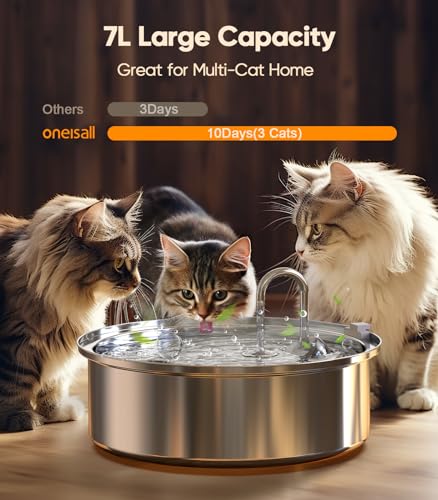 oneisall Cat Water Fountain Stainless Steel,1.8G /7L/230oz Cat Water Fountain for Multi-Cat Home/Water Fountain for Cats Inside with Smart Quiet Pump/Pet Water Fountain Easy to Clean and Disassemble